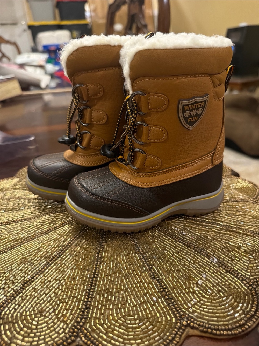 Kids Brown Winter Fun Snow Boots with Faux Fur Lining